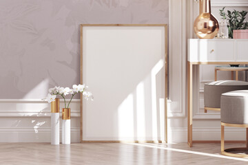 Poster frame on the floor in modern interior mockup. 3D rendering