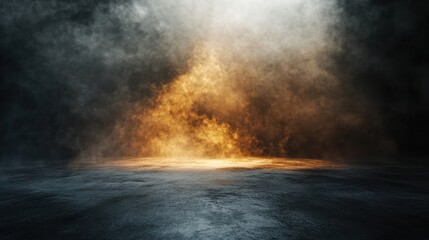 Glowing Orange Smoke Above a Dark, Wet Floor