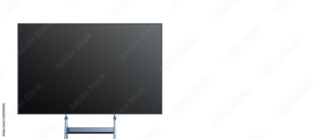 Poster A blank black screen displayed on a stand against a white background. The screen is empty, ready for content. 3D Rendering