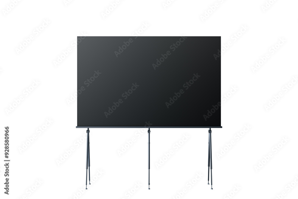Poster blank black screen on tripod stand. isolated on white background. ideal for presentations, displayin