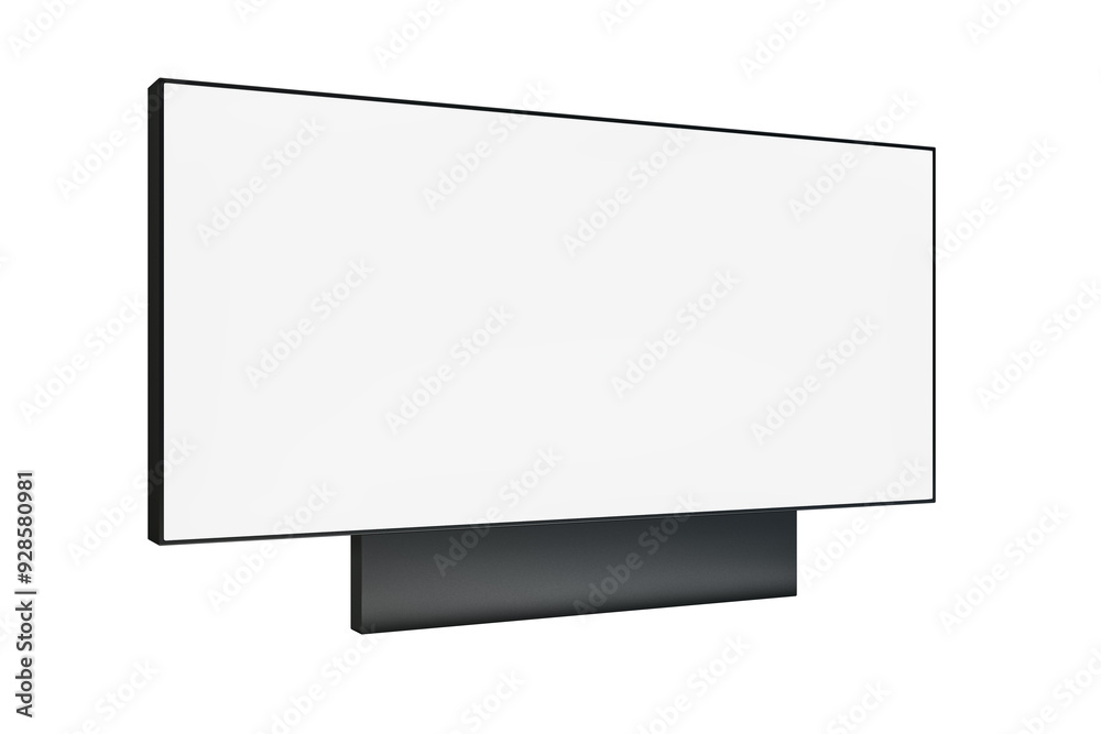 Poster blank white screen on a modern black stand, with a minimalist and sleek design, isolated on a white 