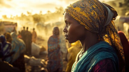 Fototapeta premium A young woman with thoughtful expression stands amidst bustling scene, wearing colorful headscarf and traditional attire. warm light creates serene atmosphere. 