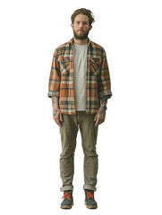 Man in plaid long sleeve shirt and long pants cut out from transparent background PNG