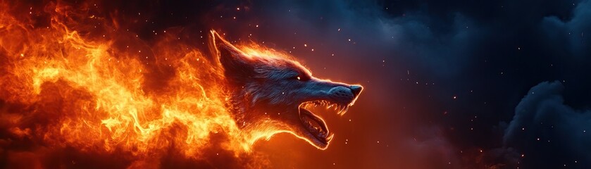 Fototapeta premium A fierce wolf surrounded by flames, embodying power and intensity against a dramatic backdrop.