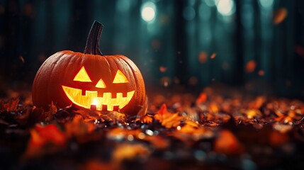 A glowing jack-o'-lantern nestled in autumn leaves, creating an enchanting Halloween atmosphere in a misty forest.