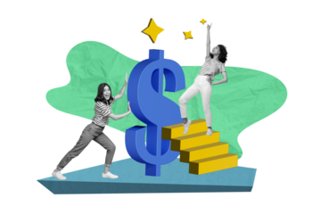 Collage metaphor illustration of two hardworking teammates working cooperation ladder receive big profits isolated on green background