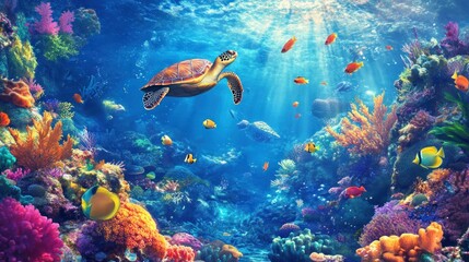 Fototapeta premium Sea Turtle and Colorful Coral Reef