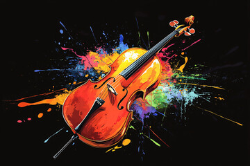 Fototapeta premium A cello with vibrant paint splashes in the background creating a dynamic and artistic composition against a black background