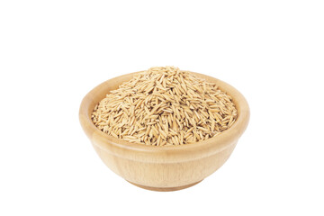 Yellow rice or rice grains in a wooden bowl isolated on background clipping path