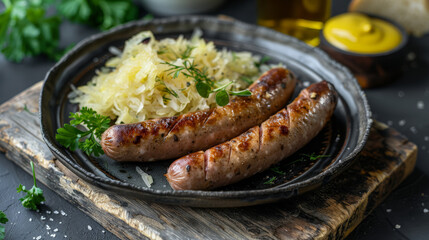 Tasty grilled Bratwurst Sausages with Mustard Served on Rustic Plate with Sauerkraut. A dish for beer