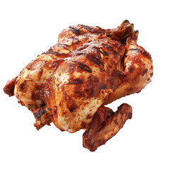 Roasted chicken with crispy skin, isolated on white background.