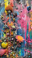 Naklejka premium Abstract Graffiti Art with Flowers and Figures.