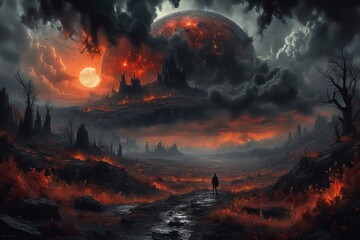 "Epic Fantasy Landscape with Lava Moon"