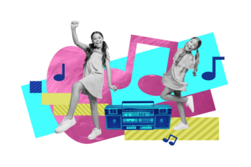 Poster sketch collage 3d image of positive happy girls friends enjoy summer holiday dance good mood isolated on painted color background