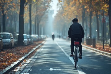 Obraz premium A cyclist rides through a serene, foggy street lined with autumn trees, creating a peaceful and contemplative atmosphere.