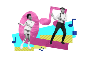 Picture artwork sketch 3d collage image of handsome man dancing night club flirting romantic feelings isolated on white color background