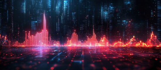 Futuristic Digital Cityscape with Neon Lights and Data Visualization Elements in a Virtual Reality Environment