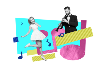 Picture artwork sketch collage image of handsome man play flute entertaining lovely girl date occasion isolated on white color background