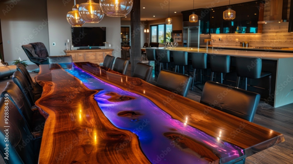 Poster the elegant dining table showcases a striking live edge design with colorful epoxy resin, surrounded