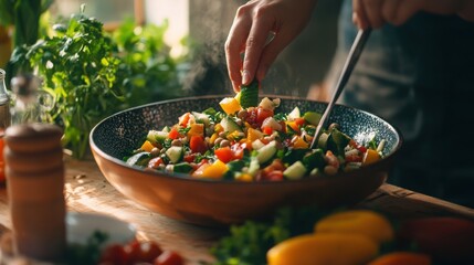 Fresh and colorful vegetable salad being prepared in a rustic kitchen, highlighting healthy eating and culinary creativity.