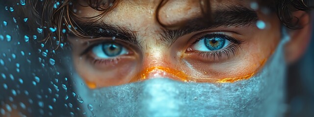 Concerned individual in quarantine due to monkeypox, looking out a window with isolation symbols