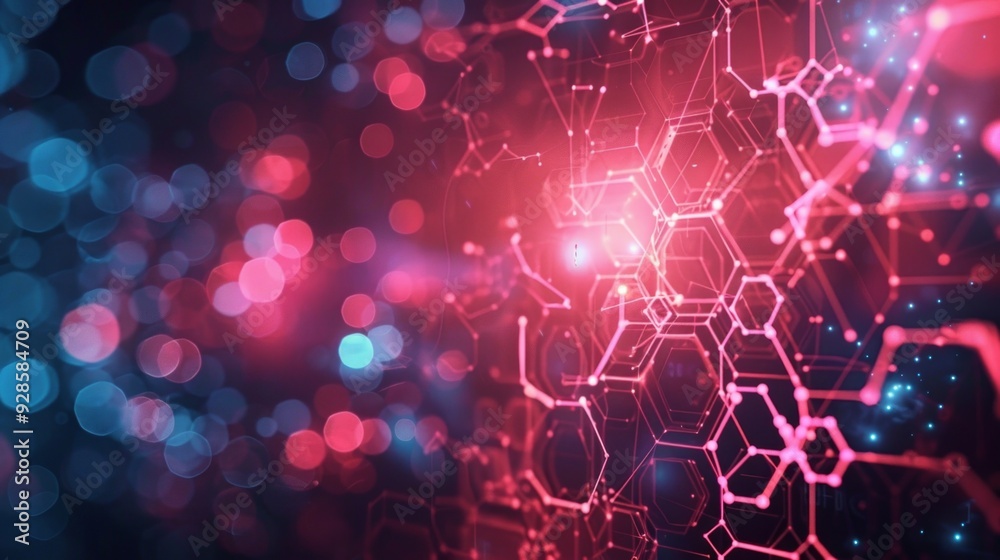 Wall mural red/blue background with connecting lines, digital/technological theme resembling a molecular struct
