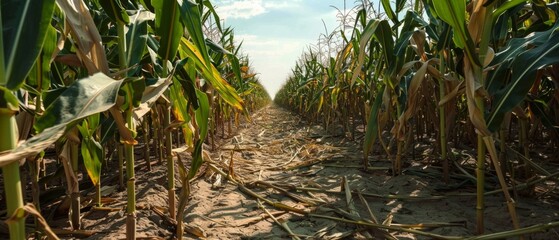 Obraz premium Image of a cornfield with a path of brown earth, tall green corn plants, some wilted leaves, under a sunny sky with scattered clouds, no people.