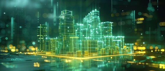 Futuristic  Hologram of Green Building Model in Stunning 
