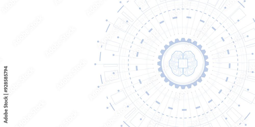 Poster Abstract circular pattern featuring a brain symbol with AI text in the center, surrounded by technological elements, on a white background. Concept of artificial intelligence. 3D Rendering