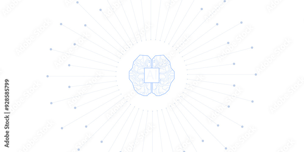 Poster Image of an AI neural network symbol with connecting points radiating outward, clean layout on white background, concept of technology and computing. 3D Rendering.