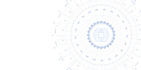 Abstract circular pattern featuring a brain symbol with AI text in the center, surrounded by technological elements, on a white background. Concept of artificial intelligence. 3D Rendering