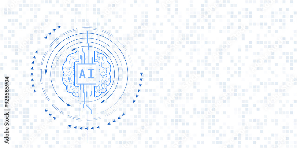 Poster Digital illustration of an AI symbol within a brain outline, surrounded by circuit patterns on a white and blue pixelated background. Concept of technology and learning. 3D Rendering