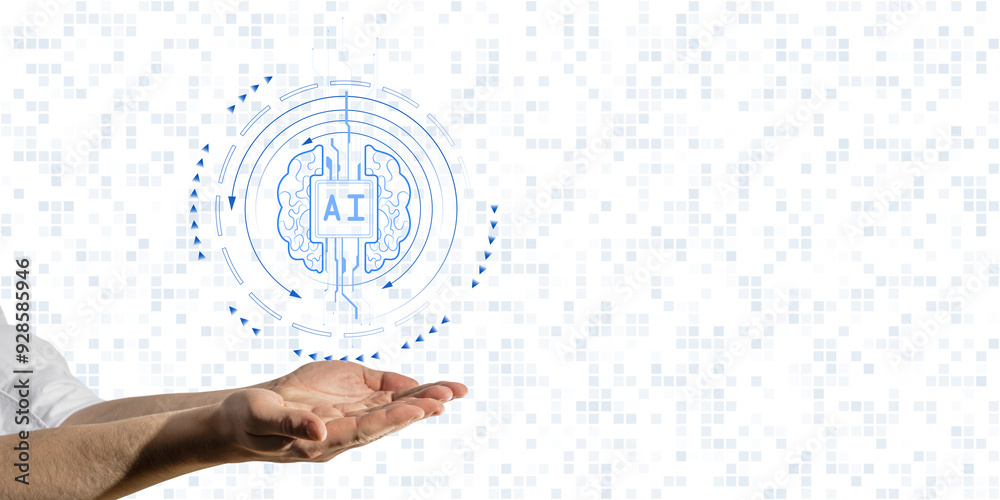 Poster Hands presenting an AI technology symbol with neural network and circuit patterns, on a white background with abstract pixel elements. Concept of artificial intelligence and machine learning