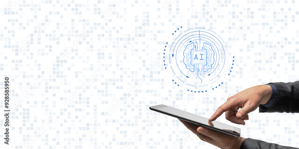 Aufkleber Hands interacting with a tablet displaying an AI brain icon on a digital grid background, representing technology and machine learning