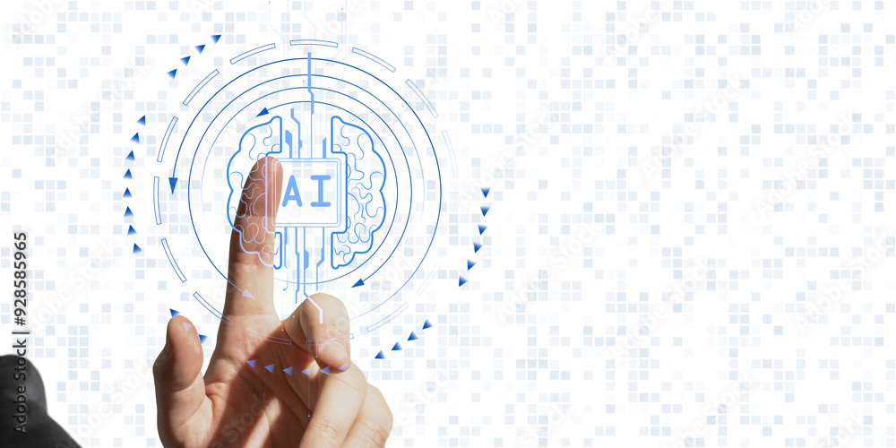 Poster Hand pointing to AI symbol surrounded by digital circuit elements, on a white background with pixelated patterns. Concept of machine learning and technology solutions