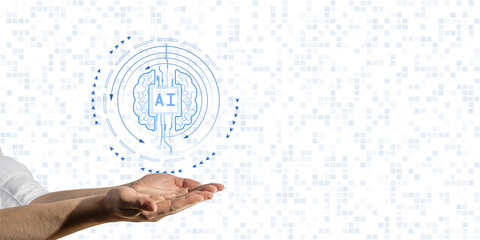 Hands presenting an AI technology symbol with neural network and circuit patterns, on a white background with abstract pixel elements. Concept of artificial intelligence and machine learning