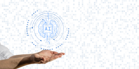 Hands presenting an AI technology symbol with neural network and circuit patterns, on a white background with abstract pixel elements. Concept of artificial intelligence and machine learning