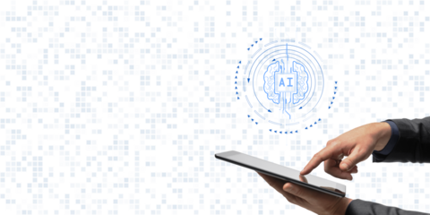 Hands interacting with a tablet displaying an AI brain icon on a digital grid background, representing technology and machine learning