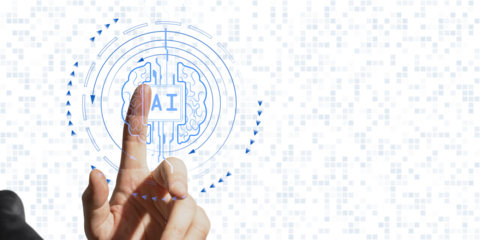 Hand pointing to AI symbol surrounded by digital circuit elements, on a white background with pixelated patterns. Concept of machine learning and technology solutions