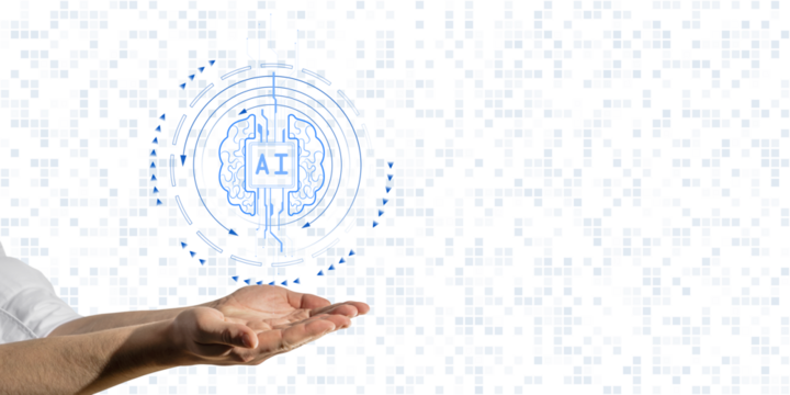 Hands presenting an AI technology symbol with neural network and circuit patterns, on a white background with abstract pixel elements. Concept of artificial intelligence and machine learning
