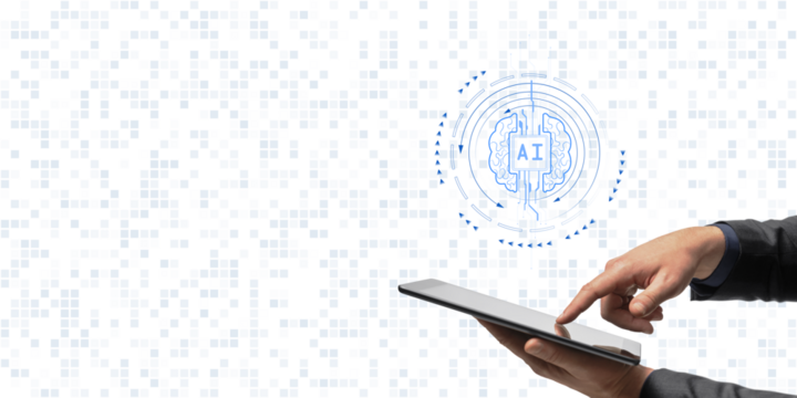 Hands interacting with a tablet displaying an AI brain icon on a digital grid background, representing technology and machine learning