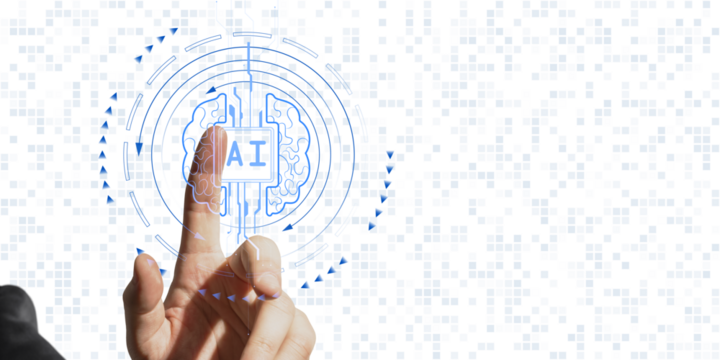 Hand pointing to AI symbol surrounded by digital circuit elements, on a white background with pixelated patterns. Concept of machine learning and technology solutions