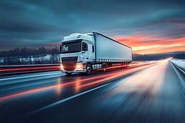 White semi-truck speeding down a highway at sunset with a blurred background and motion lines.
