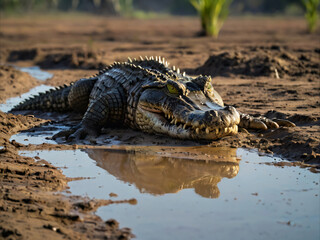 Obraz premium a wild crocodile crawling through muddy terrain
