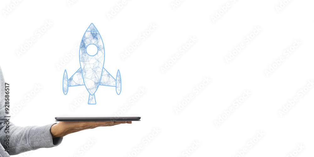 Poster hand holding a tablet with a digital rocket icon. minimalist design on a white background. concept o