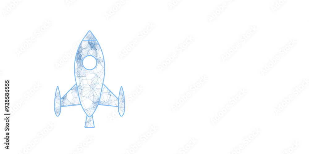 Poster abstract 3d rendering of a blue rocket composed of polygonal lines, isolated on a white background, 