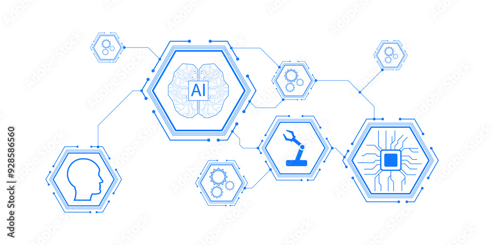 Aufkleber Abstract AI neural network concept with blue hexagons and icons on white background. 3D rendering
