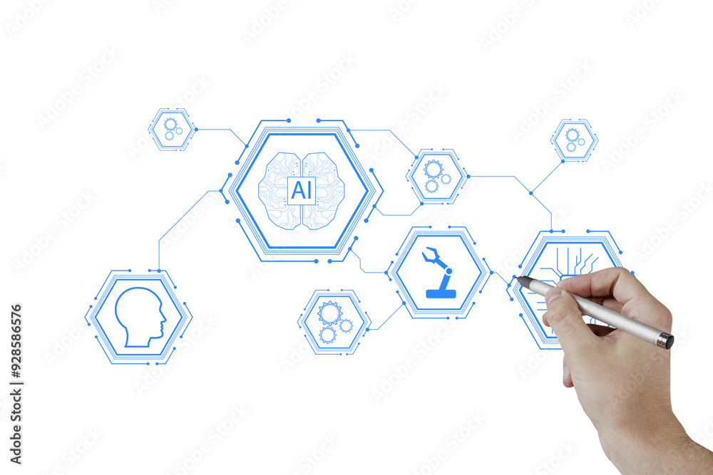 Leinwandbilder Hand drawing icons representing artificial intelligence, machine learning, technology, and robotics on a clean white background. Concept of AI and technology