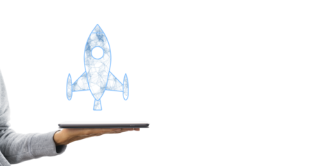 Hand holding a tablet with a digital rocket icon. Minimalist design on a white background. Concept of startup technology and digital innovation