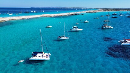 Aerial view of Formentera island,Spain, at summer time, with turquoise water